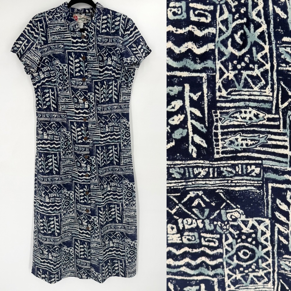 Hilo Hattie Hawaiian Original Dress Womens 10 Blue Excellent Vintage 90s Batik